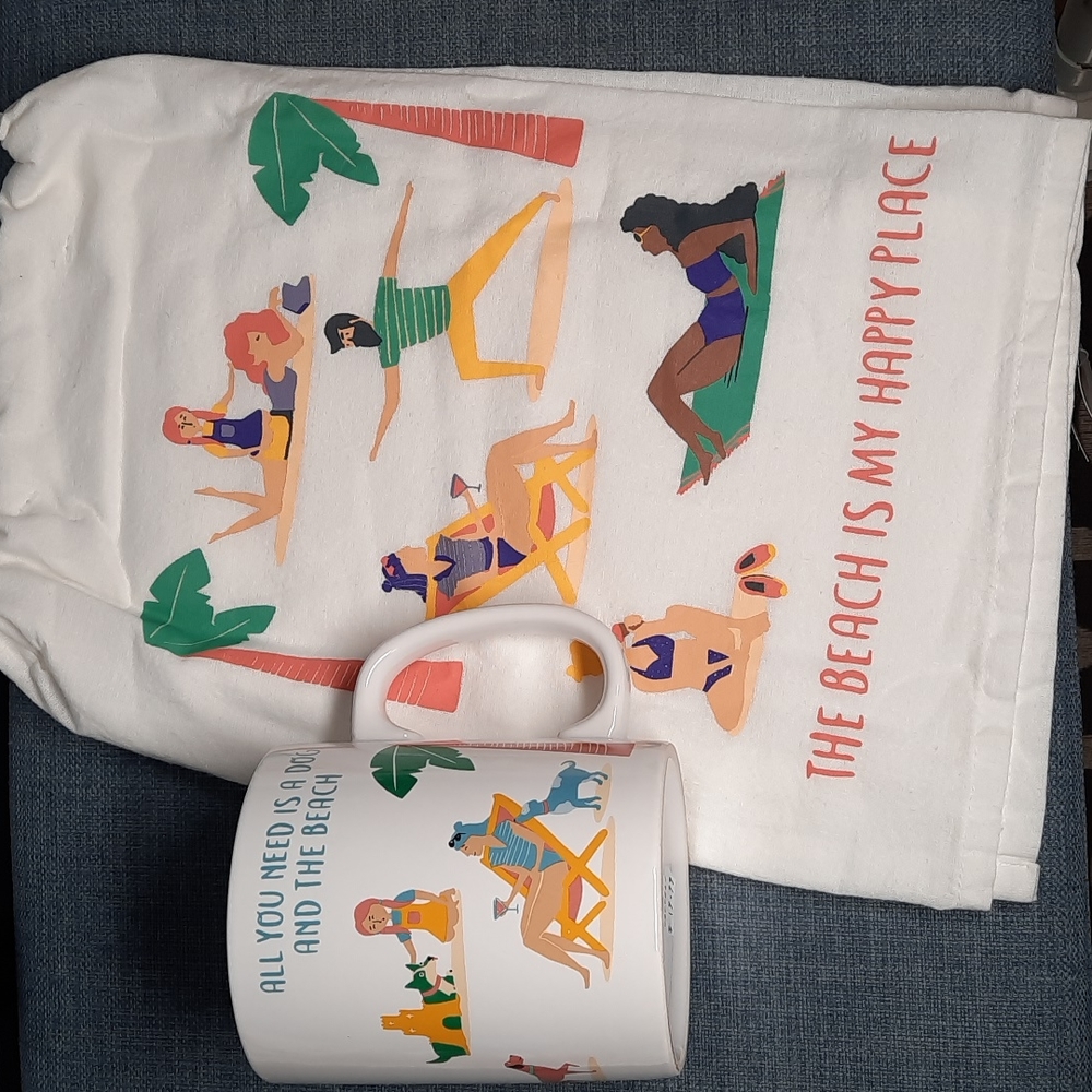 Coffee Tea Mug Cotton Kitchen Dish Towel Matching Gift Set Beach Dog Happy Place
